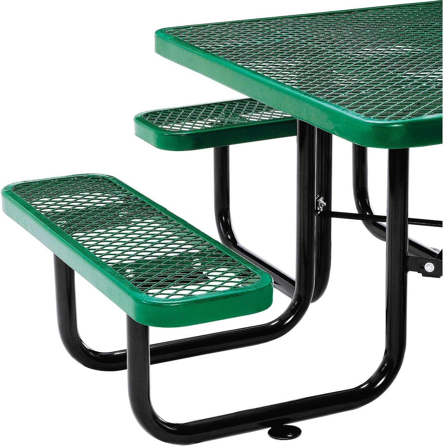 Global Industrial 46" Square Picnic Table, Expanded Metal, Green Thermoplastic Coating, Attached Benches, 1-1/2” Umbrella Pole Hole, Outdoor-Rated, 1000 lb Capacity