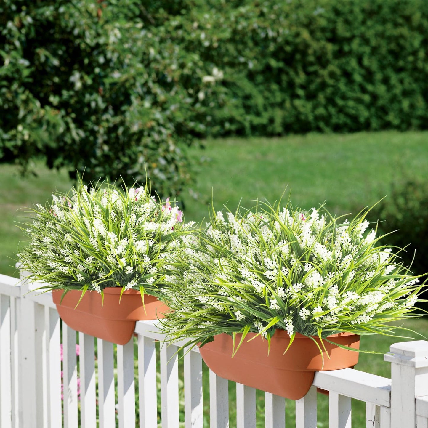 20 Bundles Artificial Plants Outdoor Fake Monkey Grass with Flowers (White)