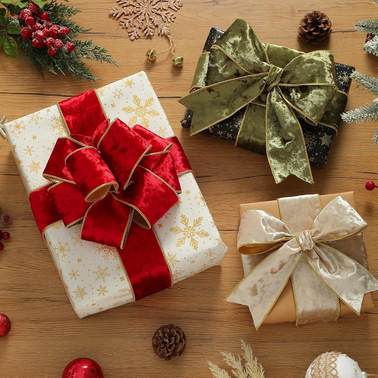 Champagne Christmas Velvet Ribbon Wired (2.5" × 15 Yards) - Christmas Ribbon for Christmas Tree Decoration/Gift Wrapping/Crafts Wreaths Supplies