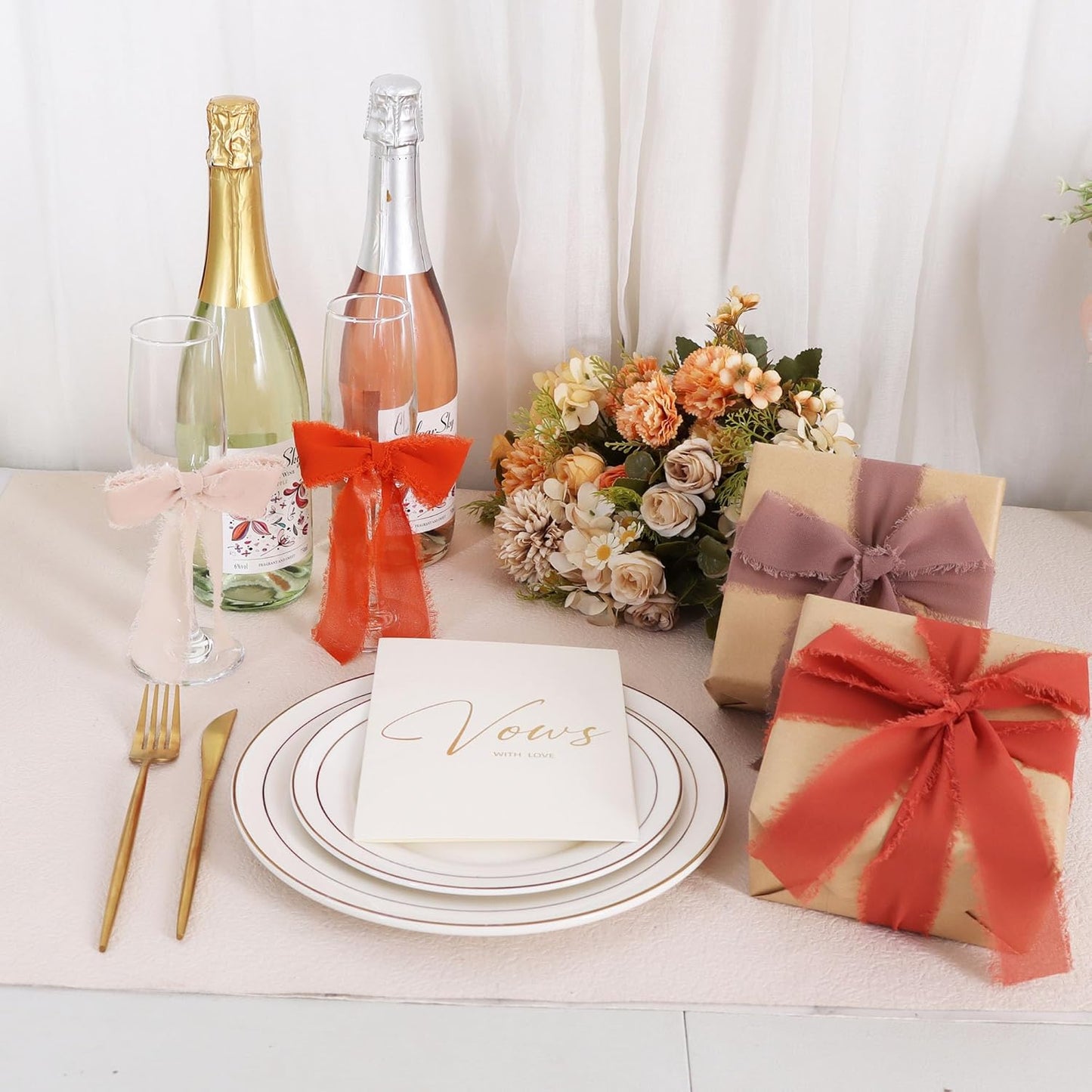 TONIFUL 4 Rolls Silk Chiffon Ribbon 1-1/2 Inch x 22 Yards,Orange Khaki Brown and Rust Handmade Fringe Terracotta Ribbon for Gift Wrapping Bridal Bouquets Crafts Wedding Fall Thanksgiving Decoration