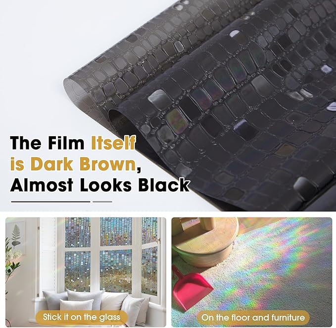 Windimiley Window Privacy Film 3D Rainbow Stained Glass Static Clings Bathroom Decorative Sticker Prism Holographic Window Decals Sun Blocking Non-Adhesive Door Covering, 23.6 x 394in,Brown