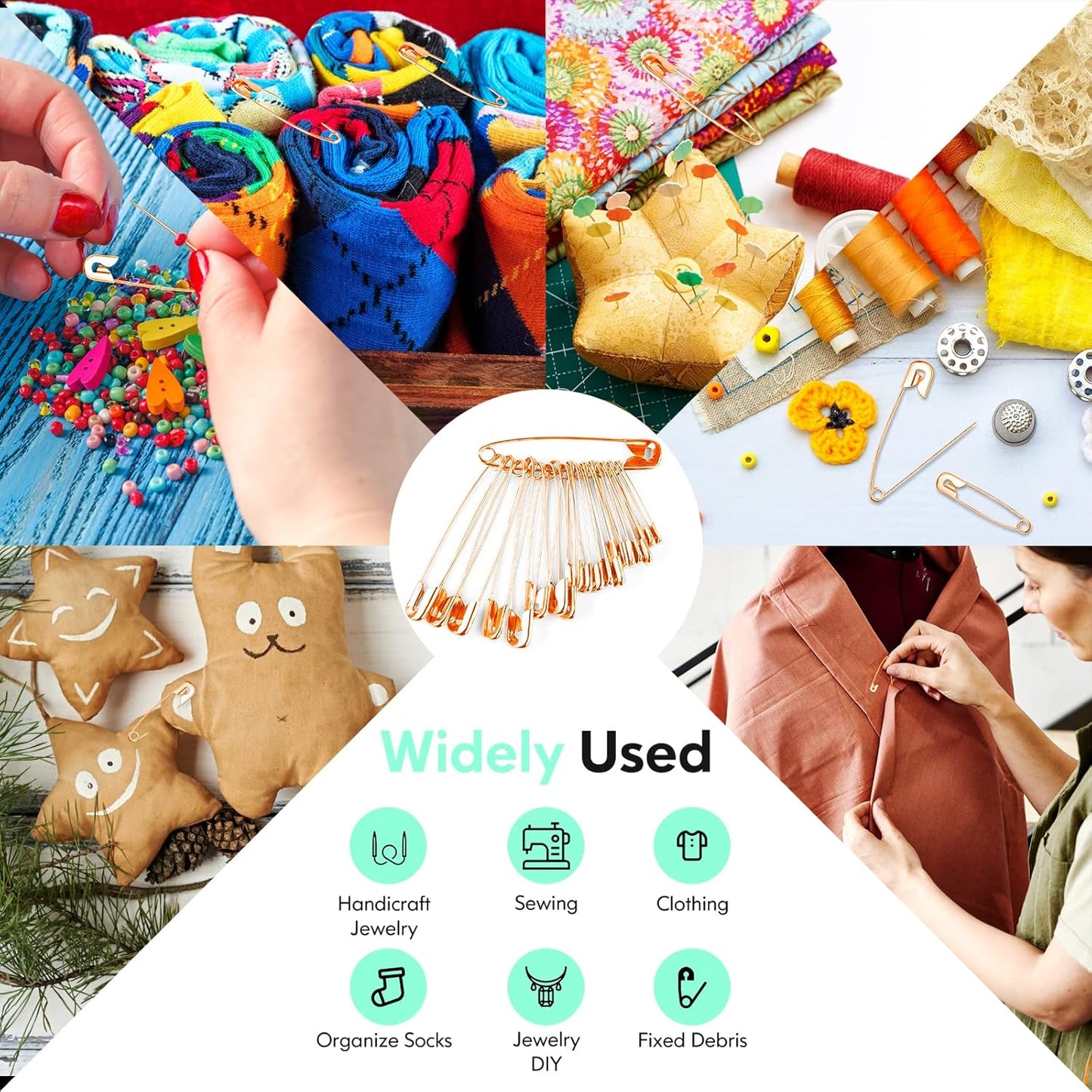 340 Pack Safety Pins Assorted, 5 Different Sizes Small and Large Safety Pins for Clothes Costume, Nickel Plated Steel Bulk, Sewing Crafts Art Supplies, Rose Gold