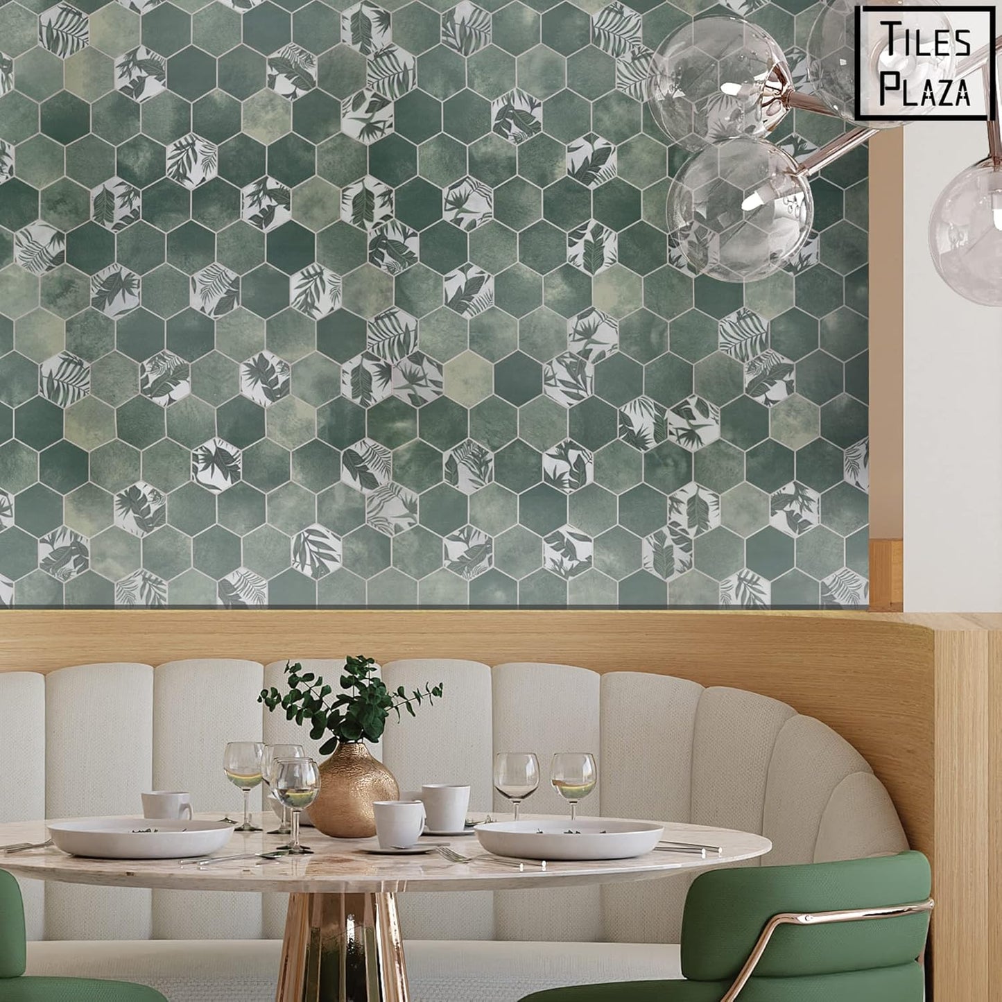 The Tiles Plaza 10-Sheet Peel and Stick Backsplash, Green Cement Hexagon Stone Composite Marble Looks Self Adhesive Wall Tile, Stick On Tiles for Kitchen Bathroom Shower, Cover 9 Sq Ft.