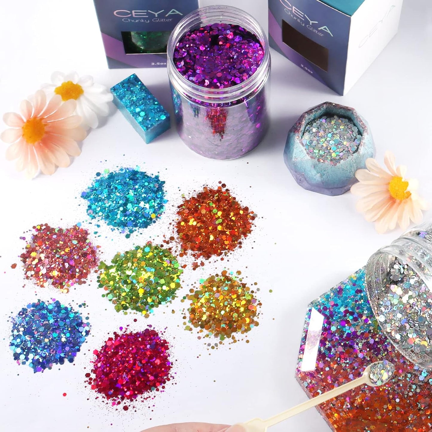 Ceya Holographic Chunky Glitter, 4.9oz/ 140g Royal Blue Craft Glitter Powder Mixed Chunky & Fine Flakes Iridescent Nail Sequins for Nail, Hair, Epoxy Resin, Tumblers, Slime, Painting, Festival Decor
