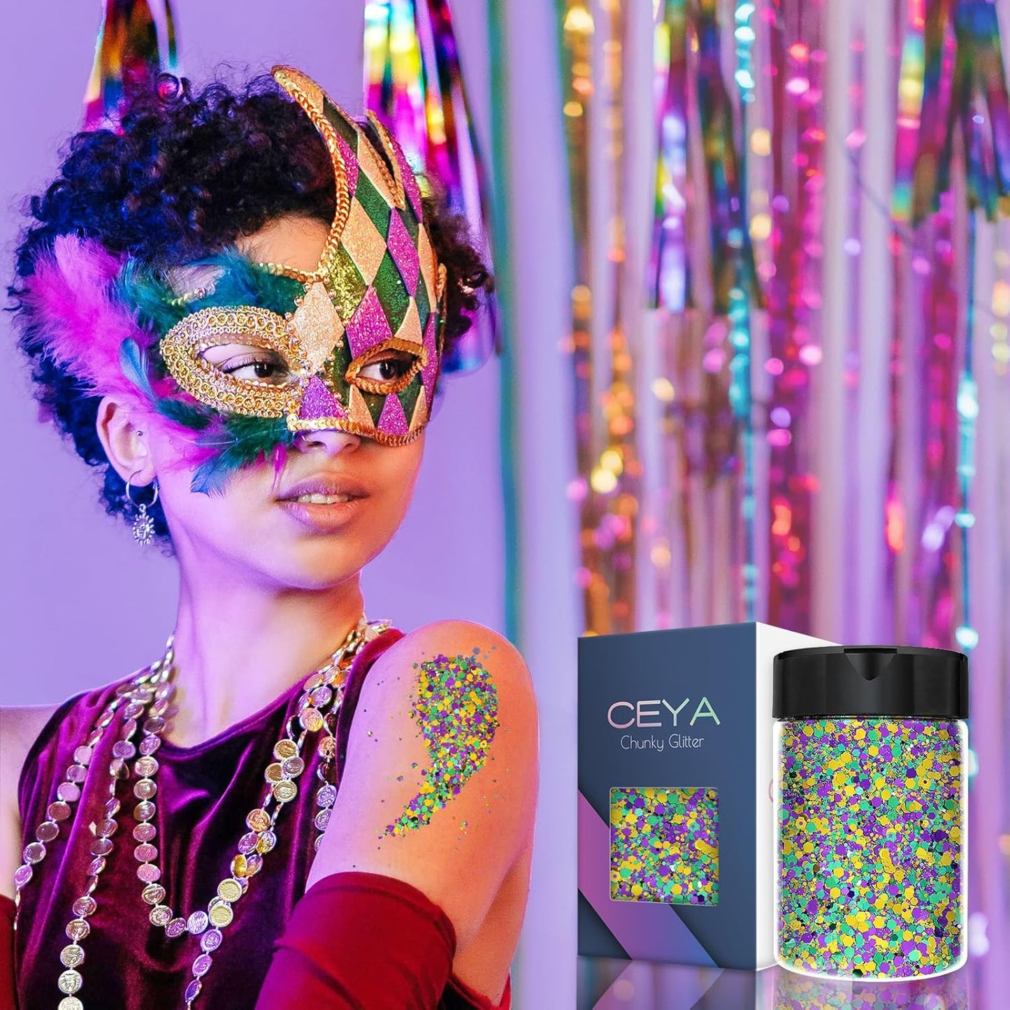 Ceya Chunky Glitter, 4.9oz/ 140g Mardi gras Craft Glitter Powder Mixed Fine Flakes Iridescent Nail Sequins for Halloween Pumpkin, Nail Art, Hair, Epoxy Resin, Tumblers, Slime, Painting, Festival Decor