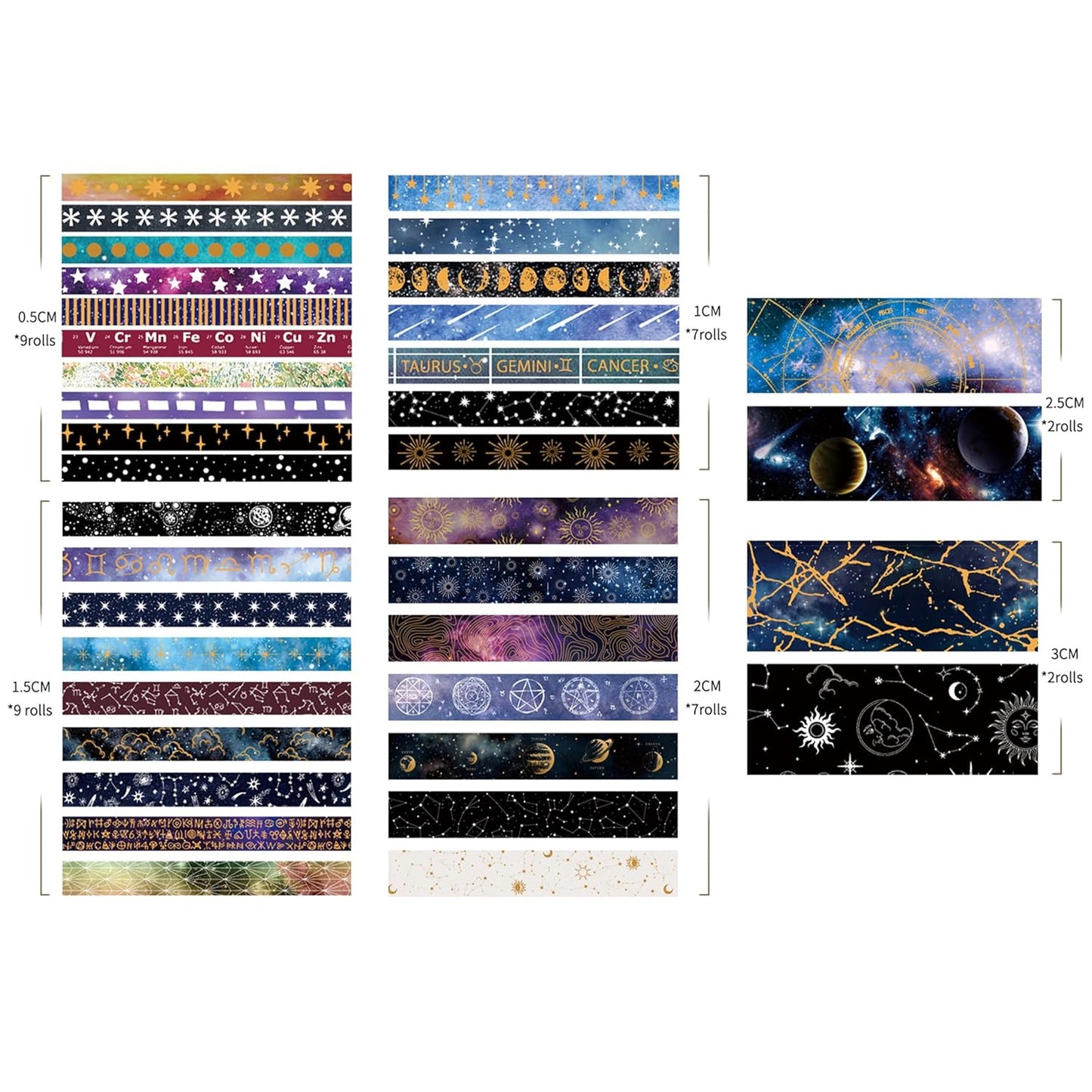 36 Rolls Galaxy Washi Tape Pack Stars Arts Adhesive Tapes Gold Silver Foil Decorative Masking Tape Sets for Craft, Kids, Scrapbook, DIY, Gift Wrapping (Constellation 36 Rolls)