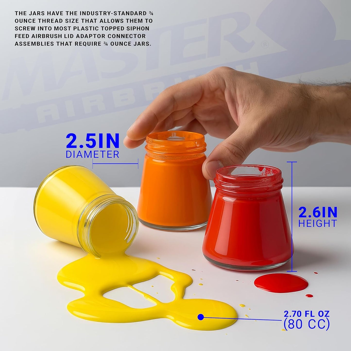 Master Airbrush (Pack of 10) TB-010 Empty 2.7-Ounce (80cc) Glass Jar Bottles with 30° Down Angle Adaptor Lid Assembly - Fits Dual-Action Siphon Feed Airbrushes, Use with Master, Badger, Paasche, Iwata