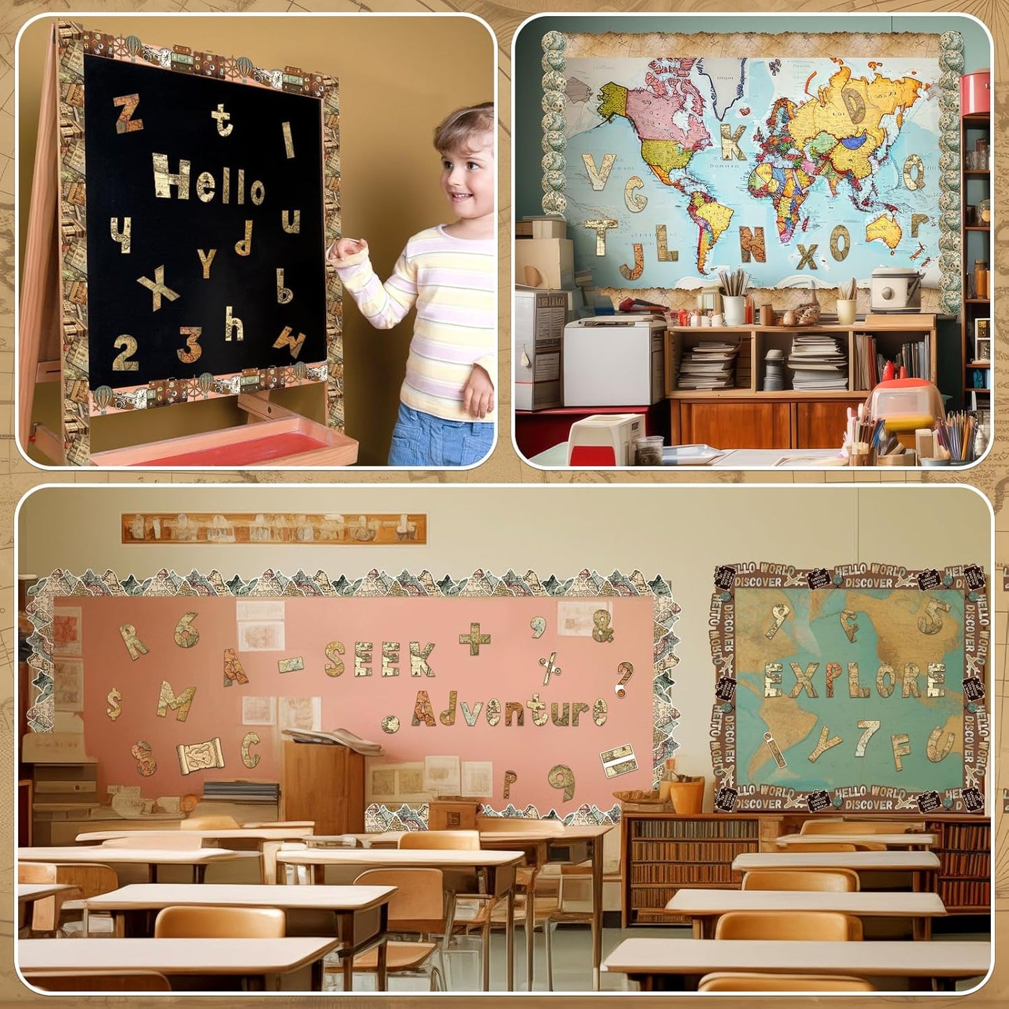 221 Pcs Bulletin Board Letters Round Alphabet Number Punctuation Symbol Combo Letter Cutouts Classroom Decoration for School Classroom Chalkboard Poster Board(Travel Around The World)