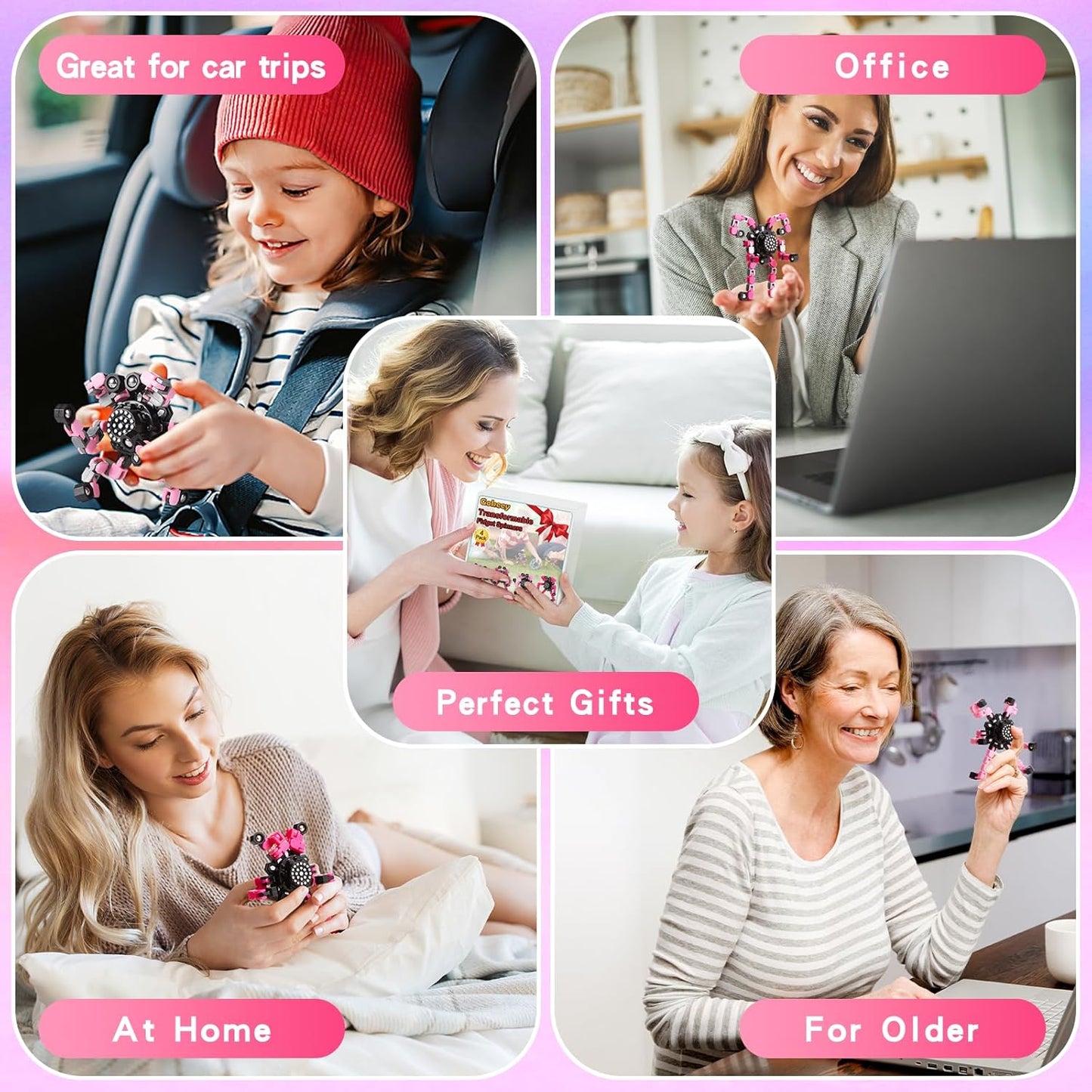 Fidget Toys for Girls, Birthday Gifts for 4 5 6 7 8 9 10 11 12 Year Old Girls Boys, Pink Transformable Fidget Spinners for Kids, Stocking Stuffers for Kids Adults Party Favors Toy