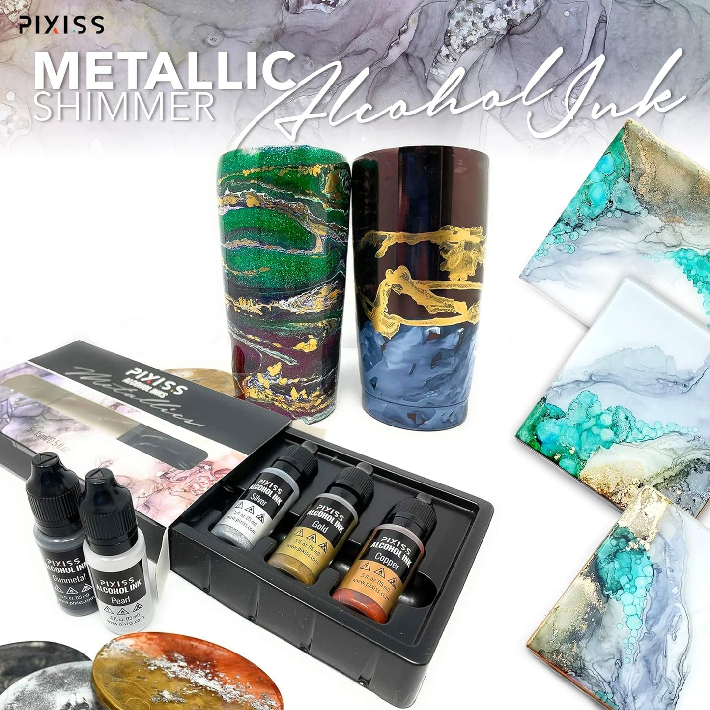 Metallic Alcohol Ink Set - Gold, Silver, Gunmetal, Copper, Pearl with Extreme Shimmer - Large 0.5 Ounce Inks