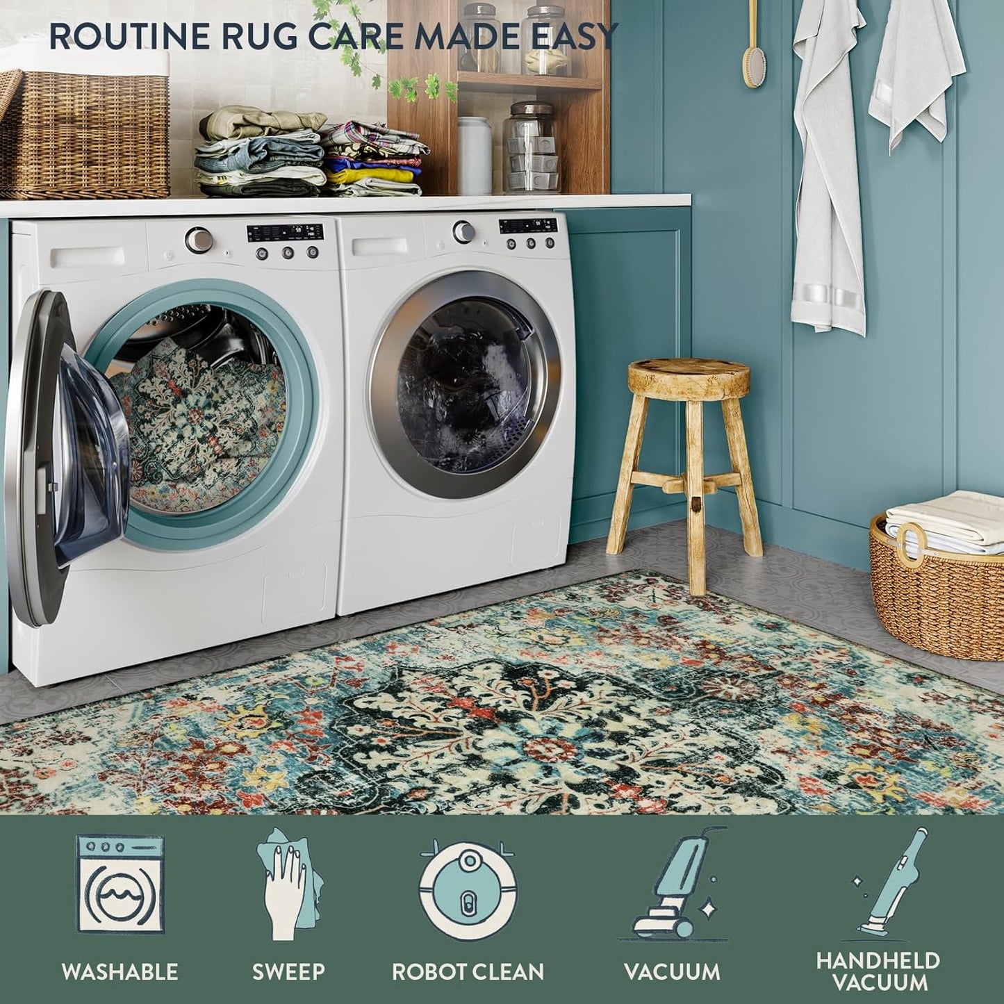 Lahome Boho 8x10 Rugs for Living Room, Teal Washable Rugs for Bedroom Aesthetic Large Dining Room Rug, Large Bohemian Printed Non-Slip Low Pile Throw Playroom Carpet for Kids Room Nursery Office