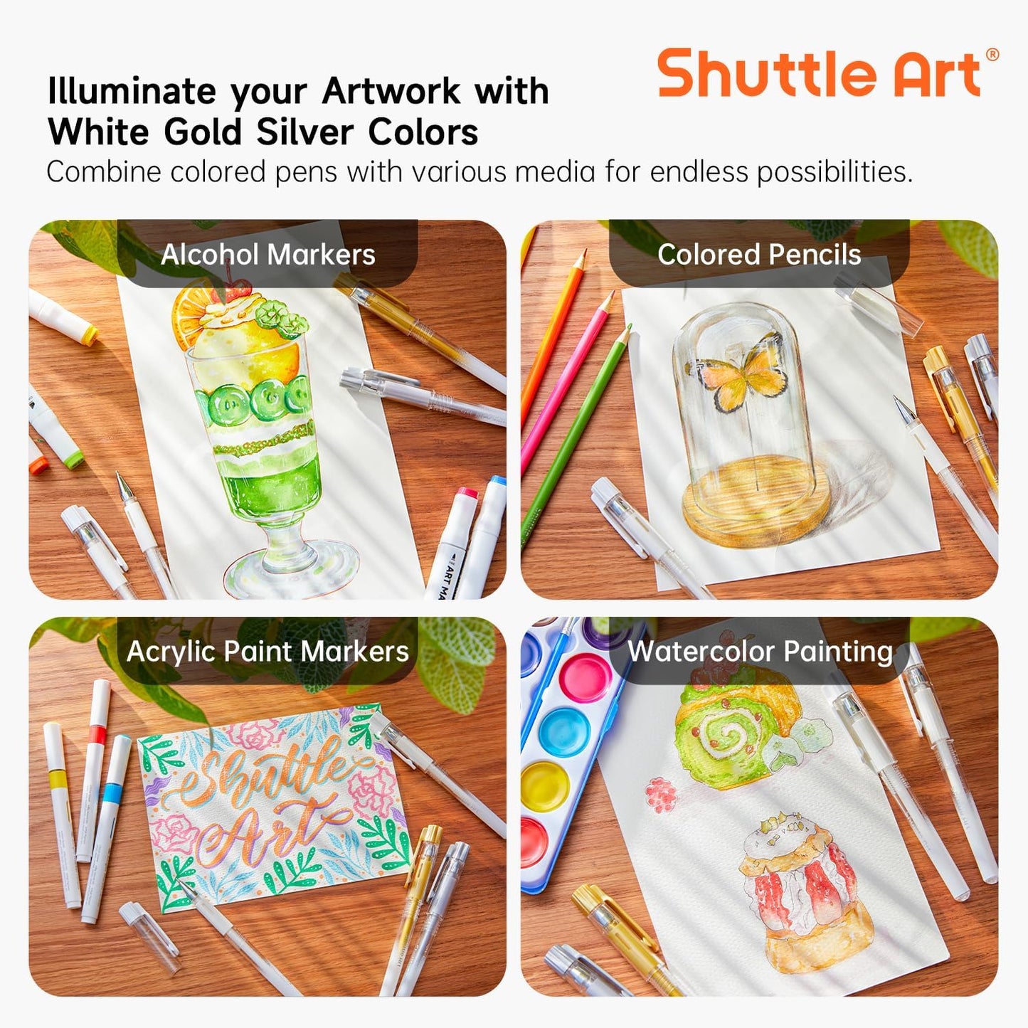 Shuttle Art White Gold Silver Gel Pens, 6 Pack 0.7mm, 1.0mm Metallic Gel Ink Pens Fine Point for Black Paper Highlighting Card Making Scrapbooking Coloring Writing Drawing School Office Home