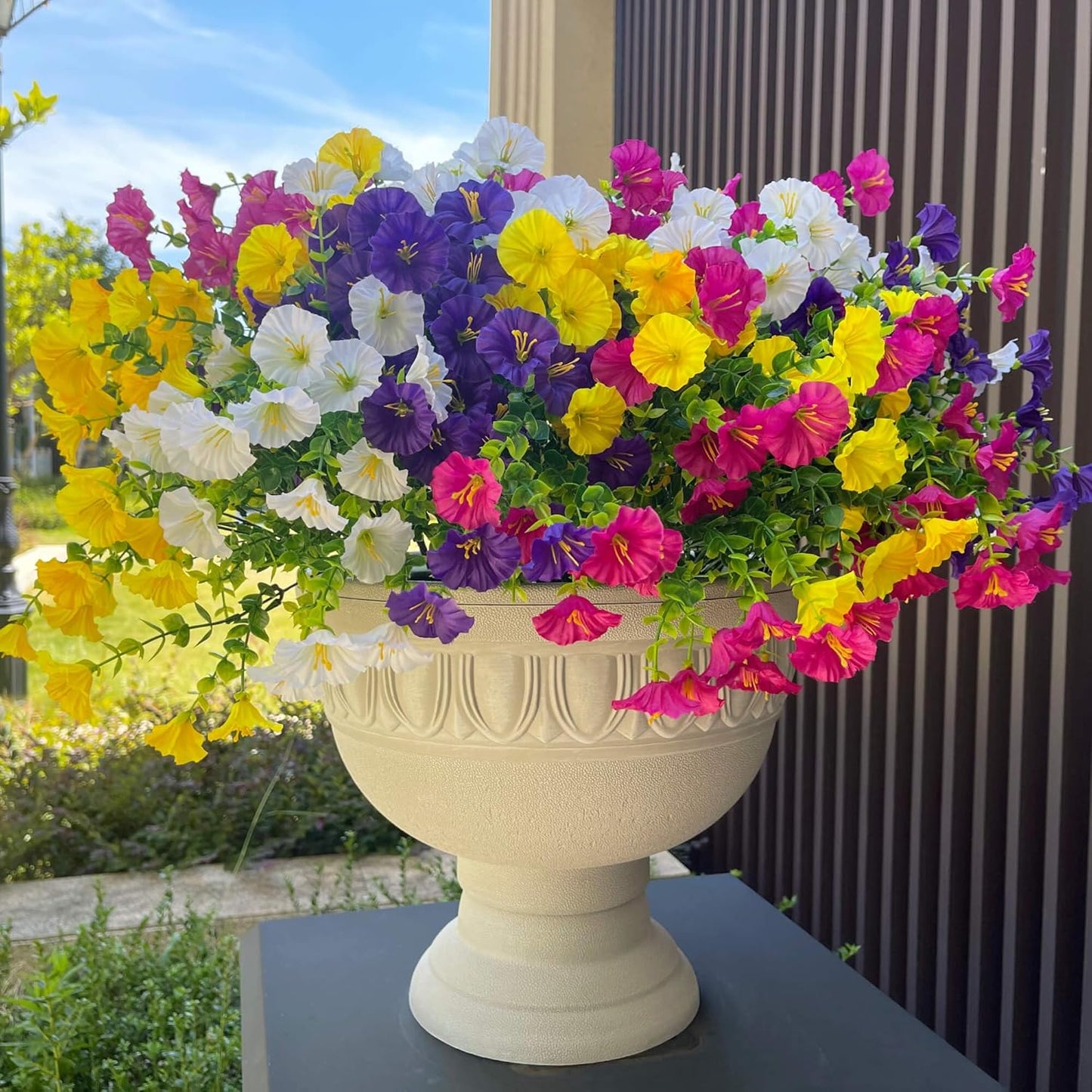 16 Bundles Artificial Flowers for Outdoor Spring Summer Decoration,Realistic Fake Silk Flowers Colorful Morning Glory UV Resistant Faux Plants for Front Door Porch Patio Planter Yard (Multi-Color)