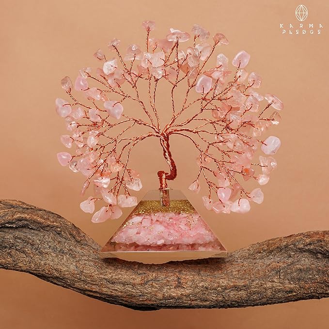 KARMAPLEDGE Rose Quartz Crystal Tree Good Luck Birthday Gifts for Womens, Mom, Home and Office Desk Decor, Pyramid Base Reiki Healing Stones & Chakra Tree of Life for Positive Energy, Money, Sucess