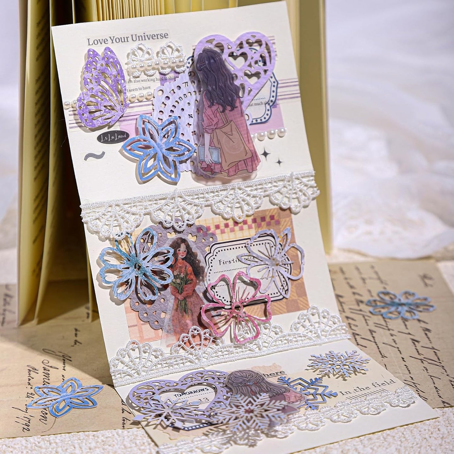 Vintage Hollowed-Out Scrapbook Paper Set, 180PCS Butterfly Floral Leaf Heart Ephemera for Journaling, Scrapbooking, and DIY Crafts