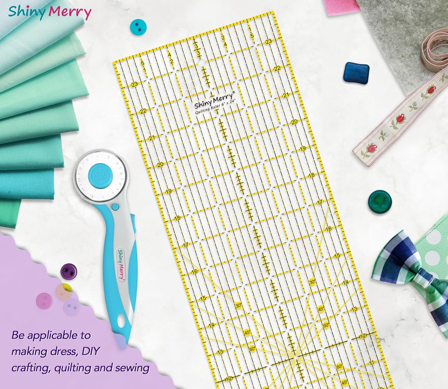 Quilting Ruler 6"x24",Non-Slip Clear Acrylic Sewing Ruler with Easy-to-Read Grid,Yellow & Black Grid Design,Perfect for Fabric,Patchwork,Cutting & Sewing Crafts,Durable Tool for Quilting