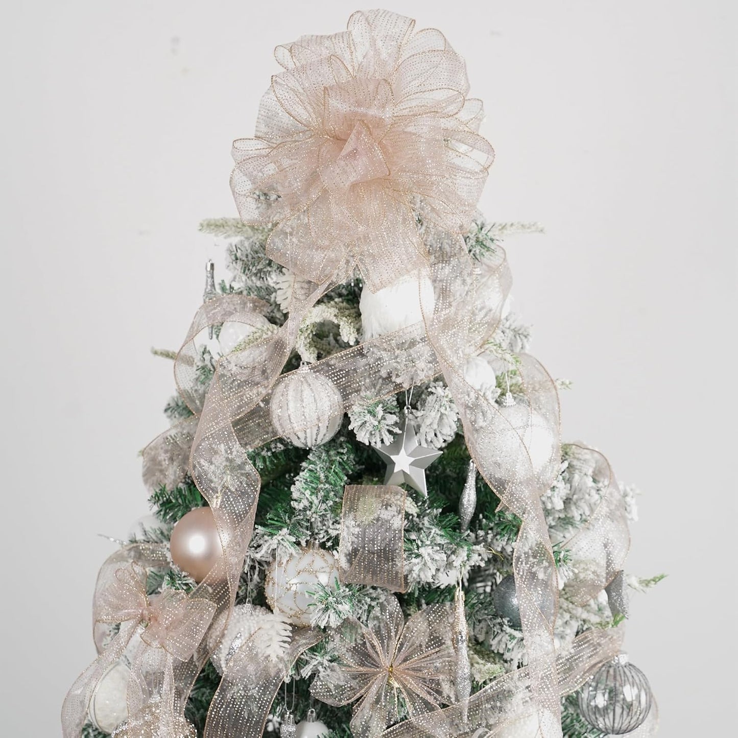 MEEDEE Rose Gold Sheer Glitter Wired Ribbon 2.5 Inch Horizontal Stripes Polka Dot Christmas Ribbon Organza Sheer Glitter 25 Yards for Christmas Tree, Wreath, Bow Making