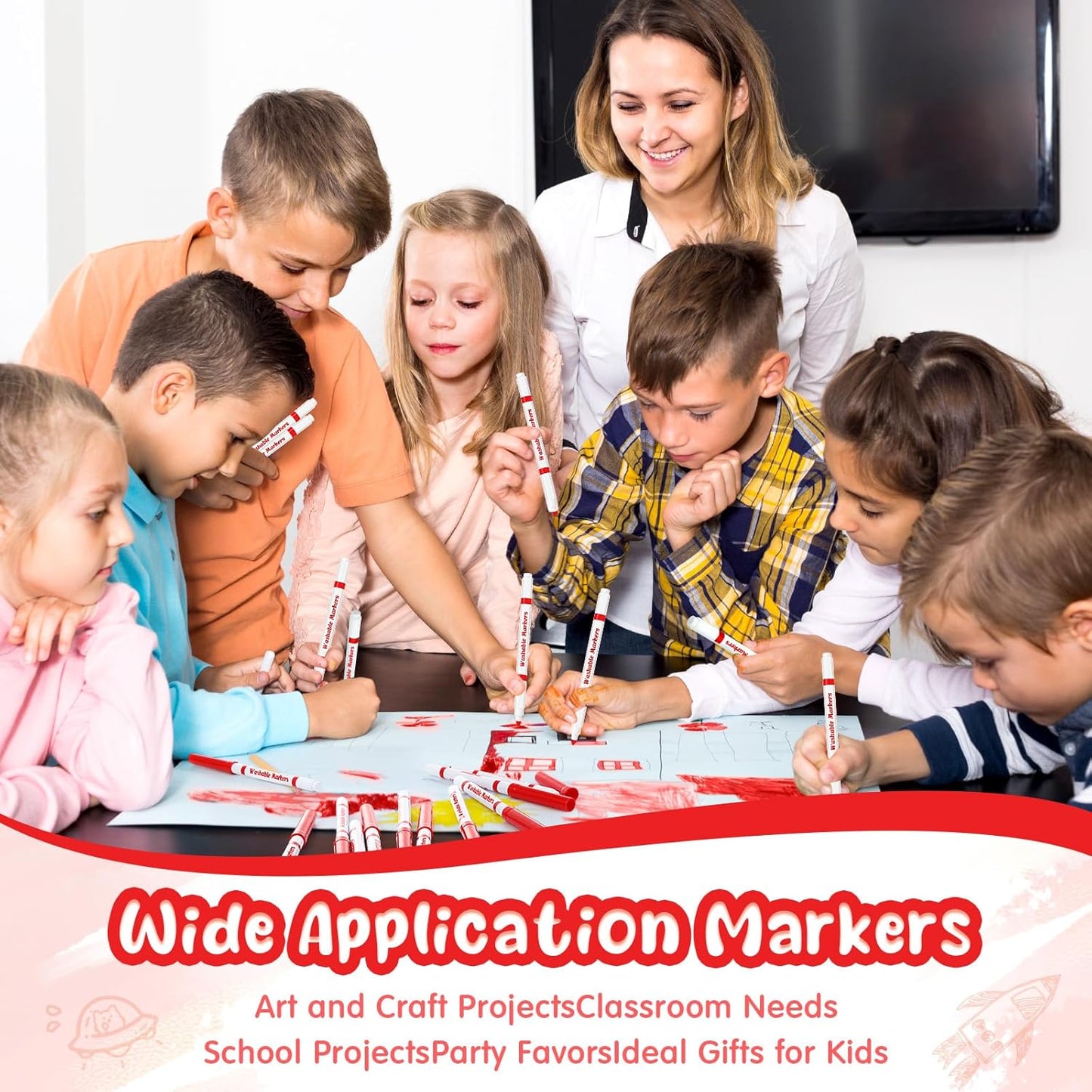 18 Pcs Line Washable Markers Bulk Red Fine Tip Markers Set Coloring Thin Tip Drawing Washable Pen for Kids Art School Classroom Back to School Gender Reveal Party Supplies, Ages 6+