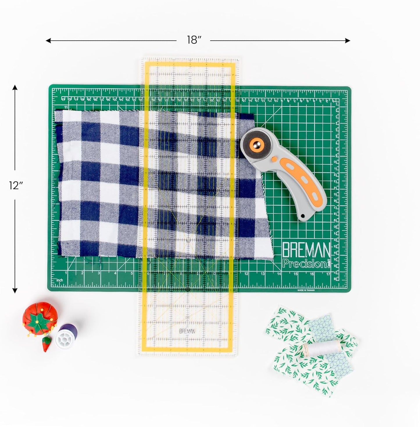WA Portman Self Healing Cutting Mat & Rotary Cutter Set – 45mm Rotary Cutter for Fabric with 5 Extra Blades with 12x18 Fabric Cutting Mats for Crafts & 6x18 Acrylic Quilting Rulers – 3pc Sewing Kit
