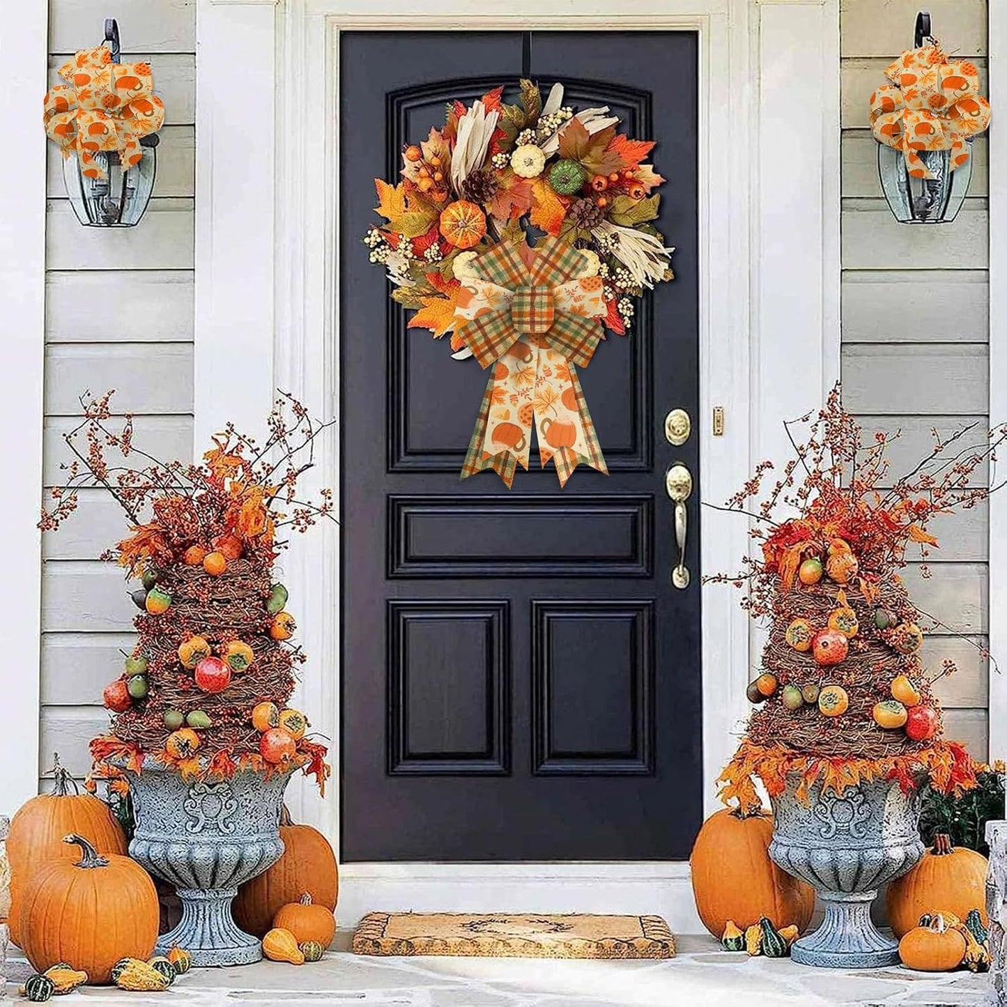 Threetols 2 Rolls 10 Yards Fall Wired Edge Ribbons, 2.5inch Orange Plaid Burlap Ribbon, Autumn Leaves Pumpkin Ribbon for Harvest Thanksgiving Party DIY Craft Fall Wreath Bow Decor