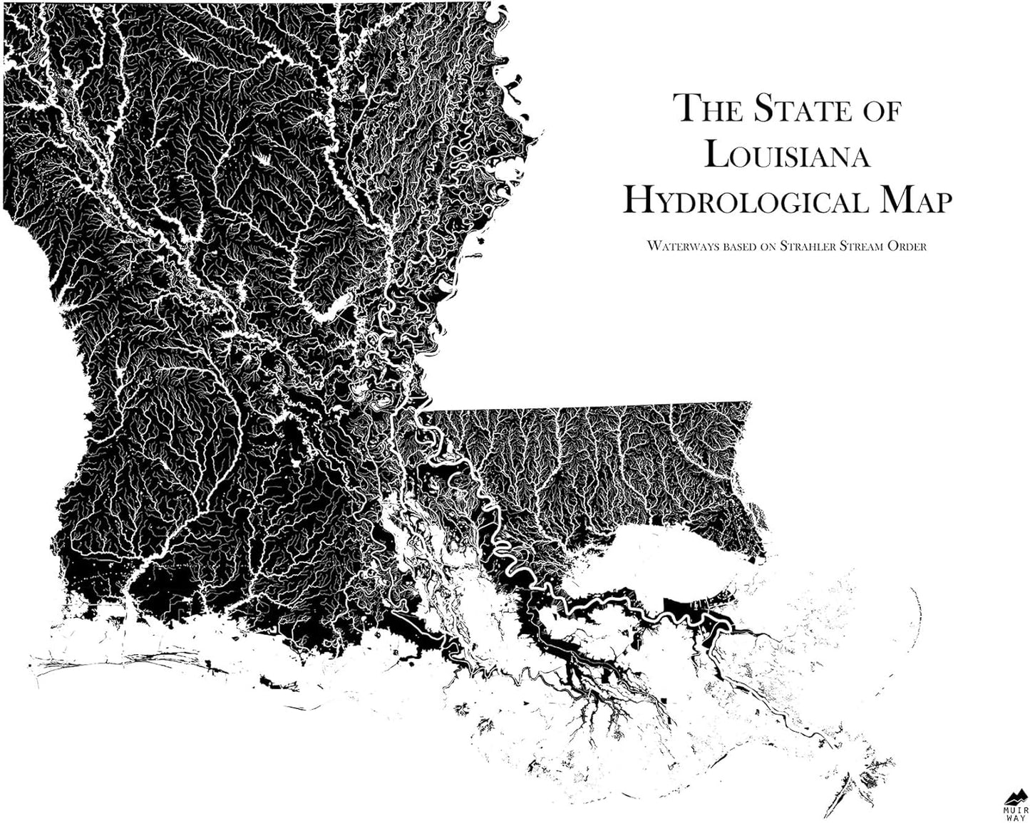 Muir Way Hydrological River Map of Louisiana - Watershed Topographic Wall Art for Home, Office, or Travel Decor - Unframed Flat Paper Print, 18x24