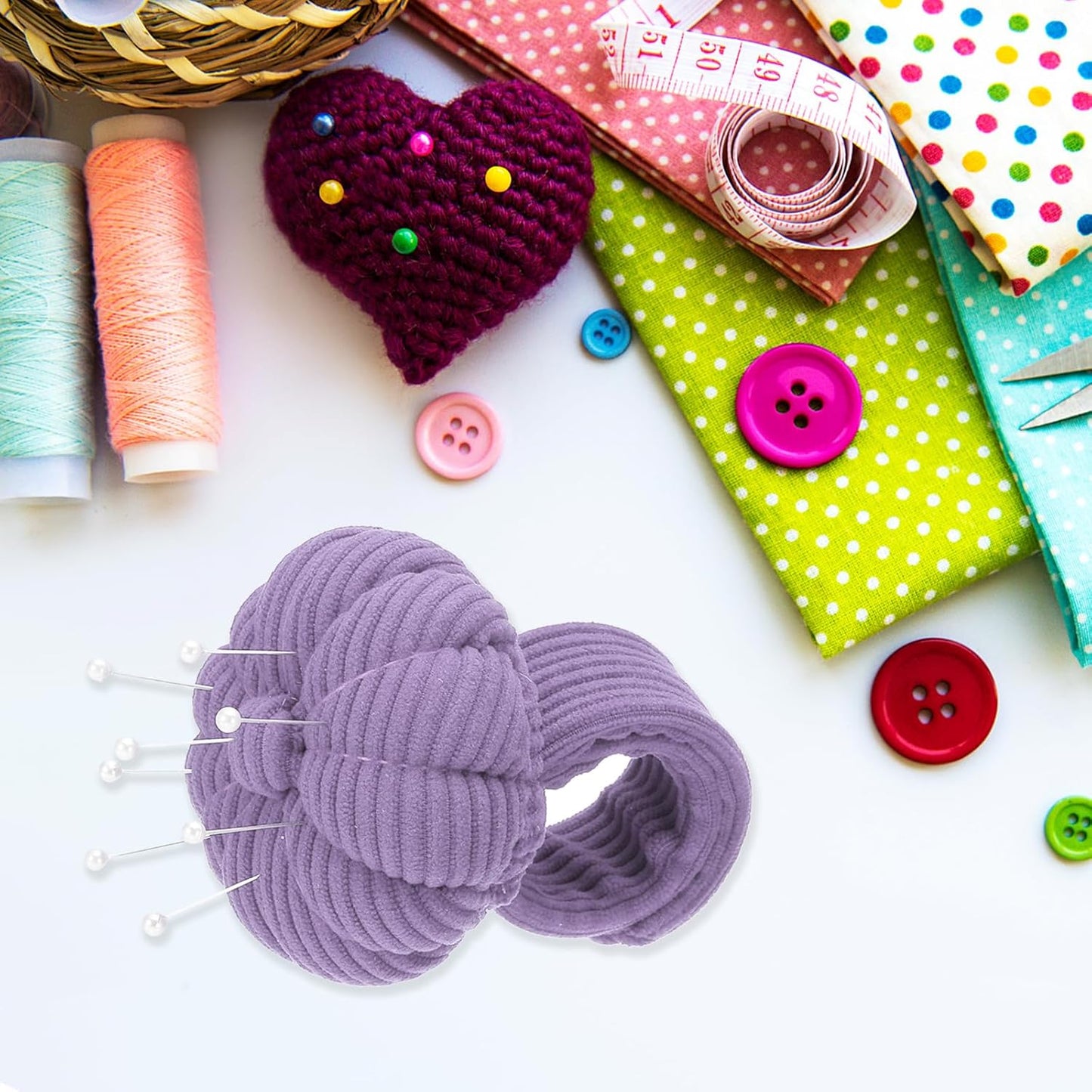 PATIKIL Wrist Pumpkin Pin Cushion, Snap Pin Cushion with Elastic Strap Ring Portable Embroidery Needle Pin Storage for Hand Craft Knitting, Lavender