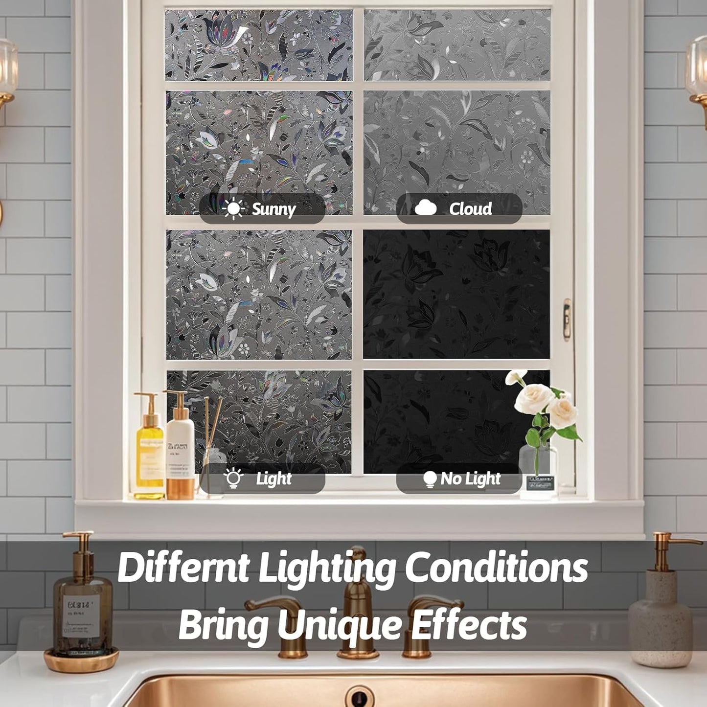 NINETREX Window Privacy Film,Decorative Window Film Frosted,Stained Glass Window Cling,Heat Blocker Non-Adhesive for Home,Grayish Black 17.5 x 78.7inch