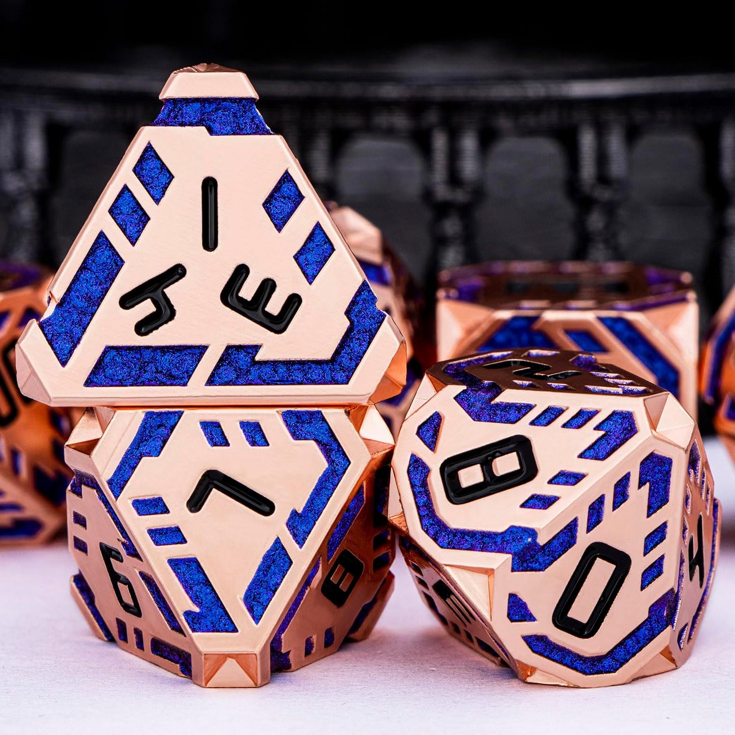 Metal DND Sci-fi Dice Set 7PCS Stripe Polyhedral Dice for Dungeons Dragons RPG Role Playing Game, Glitter D and D Dice with Gift Box D6 D8 D10 D12 D20 (Copper Blue)
