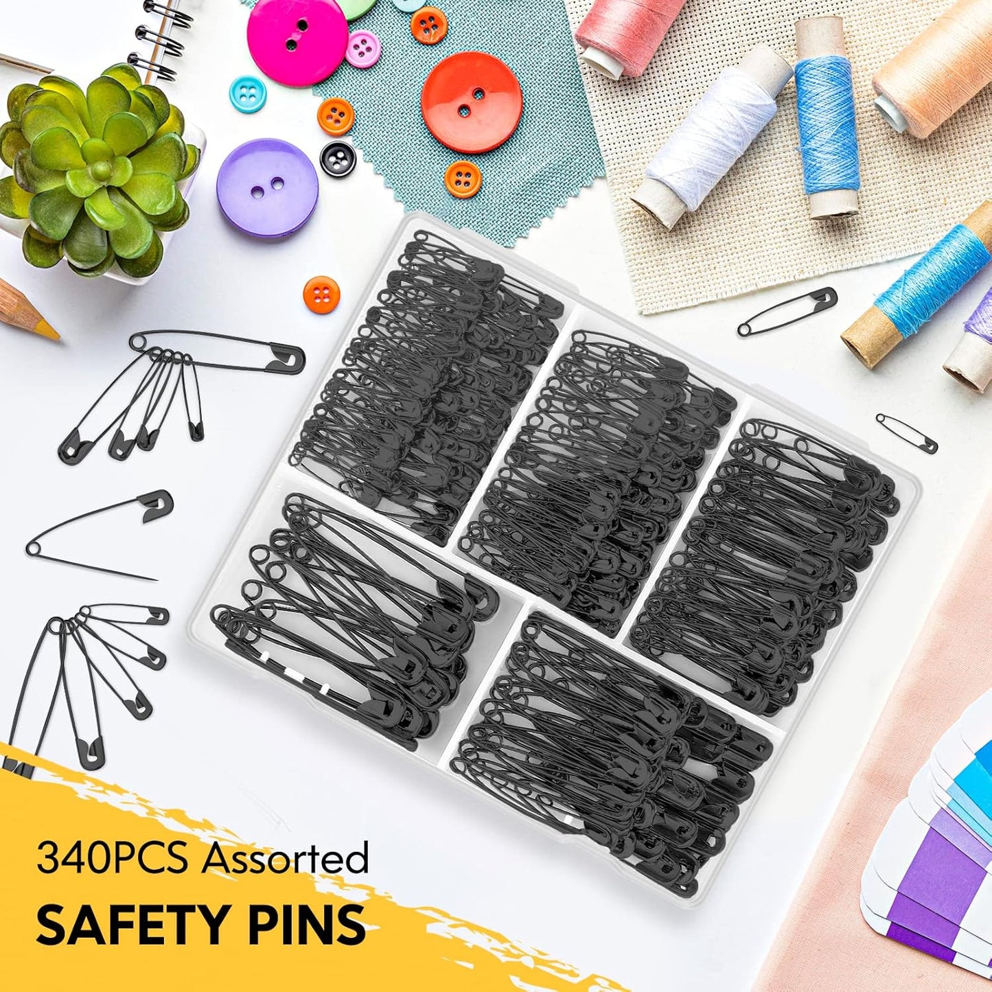 Safety Pins Assorted, 340 Pack Small & Large Heavy Duty Safety Pins for Clothes Sewing, 5 Different Sizes Pin Bulk, Arts and Crafts Supplies, Black