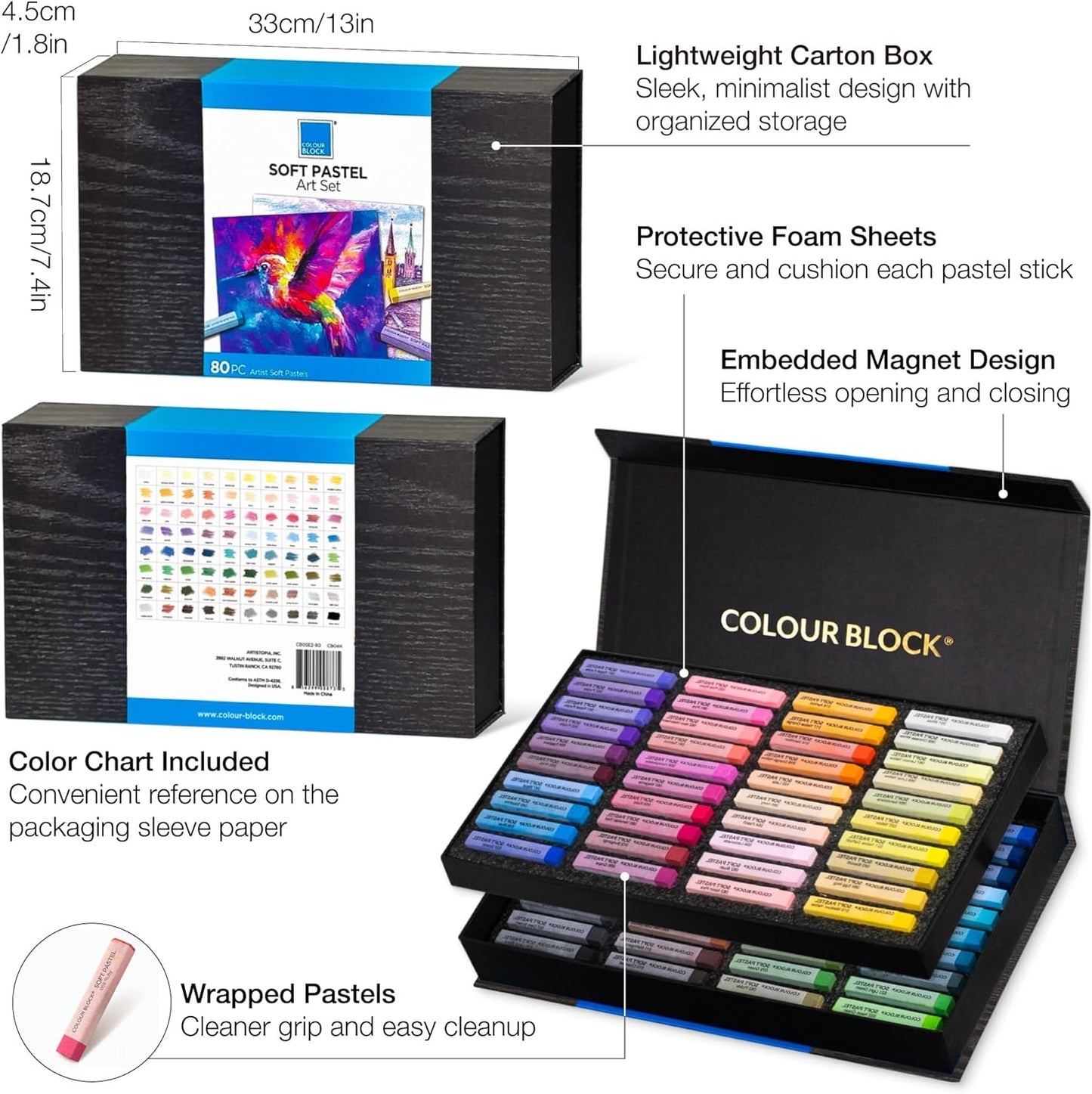 COLOUR BLOCK Soft Pastels for Artists - 80 Colors Square Chalk Soft Pastels Art Set in CARBON Box - Vibrant Pigments Art Kit for Painting, Drawing, Sketching, Hobbyists, Students and Kids