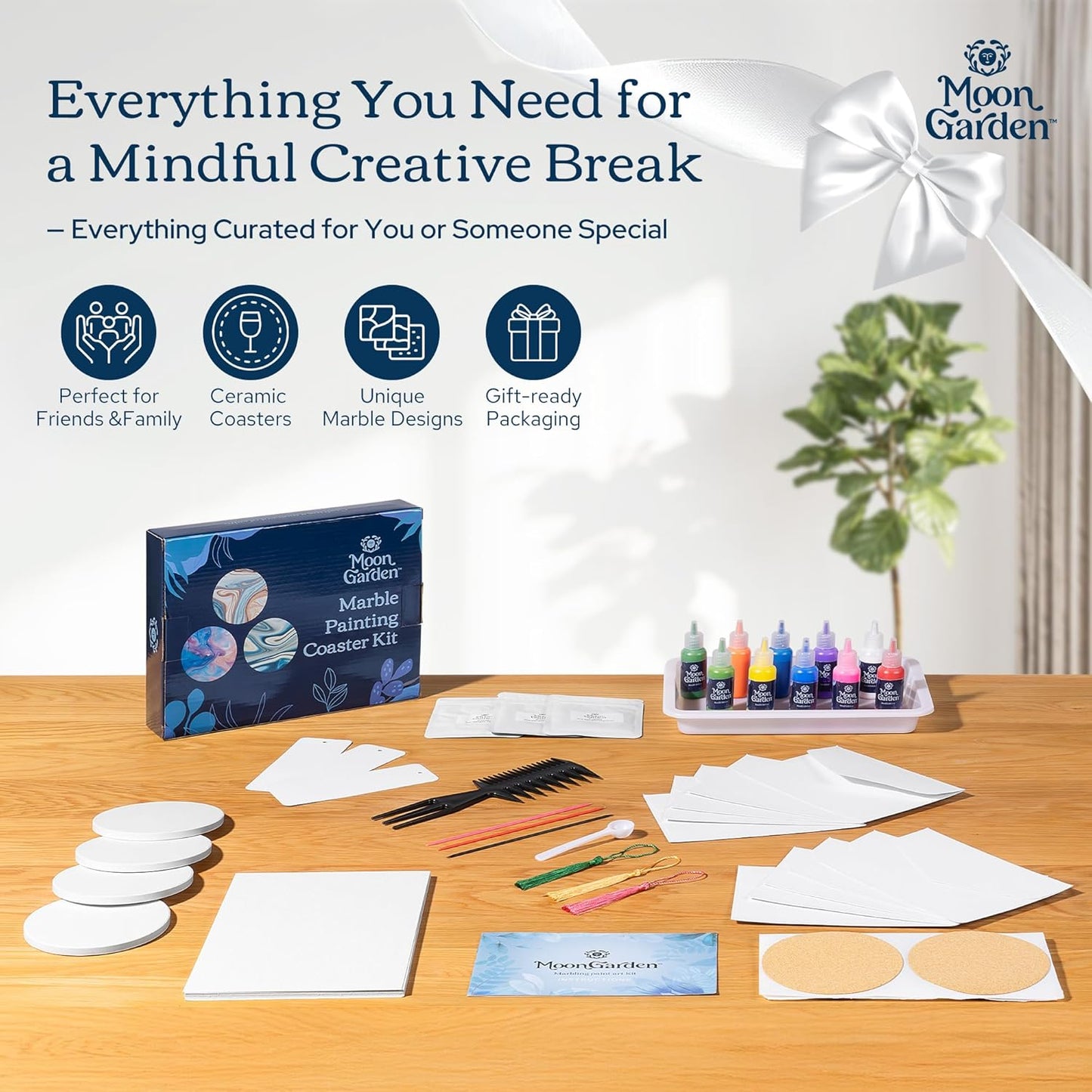 MoonGarden Marble Painting Coaster kit - Marble Painting Kit for Adults - 12 Color Paints, Ceramic Coasters, Bookmark Paper and Cardstock Paper - Relaxing and Creative DIY Activity