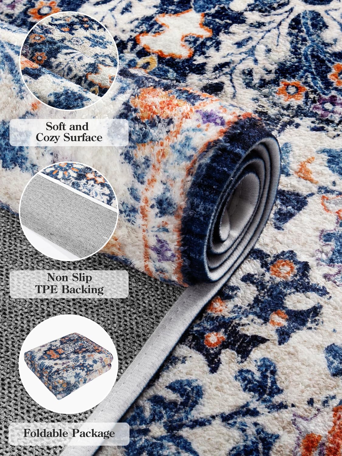 Lahome Bohemian Floral Medallion Runner Rug - 2x4 Blue Soft Bathroom Rug Runner Entry Way Mat, Washable Non Skid Laundry Room Carpet Runners for Living Room Dining Room Kitchen Entrance