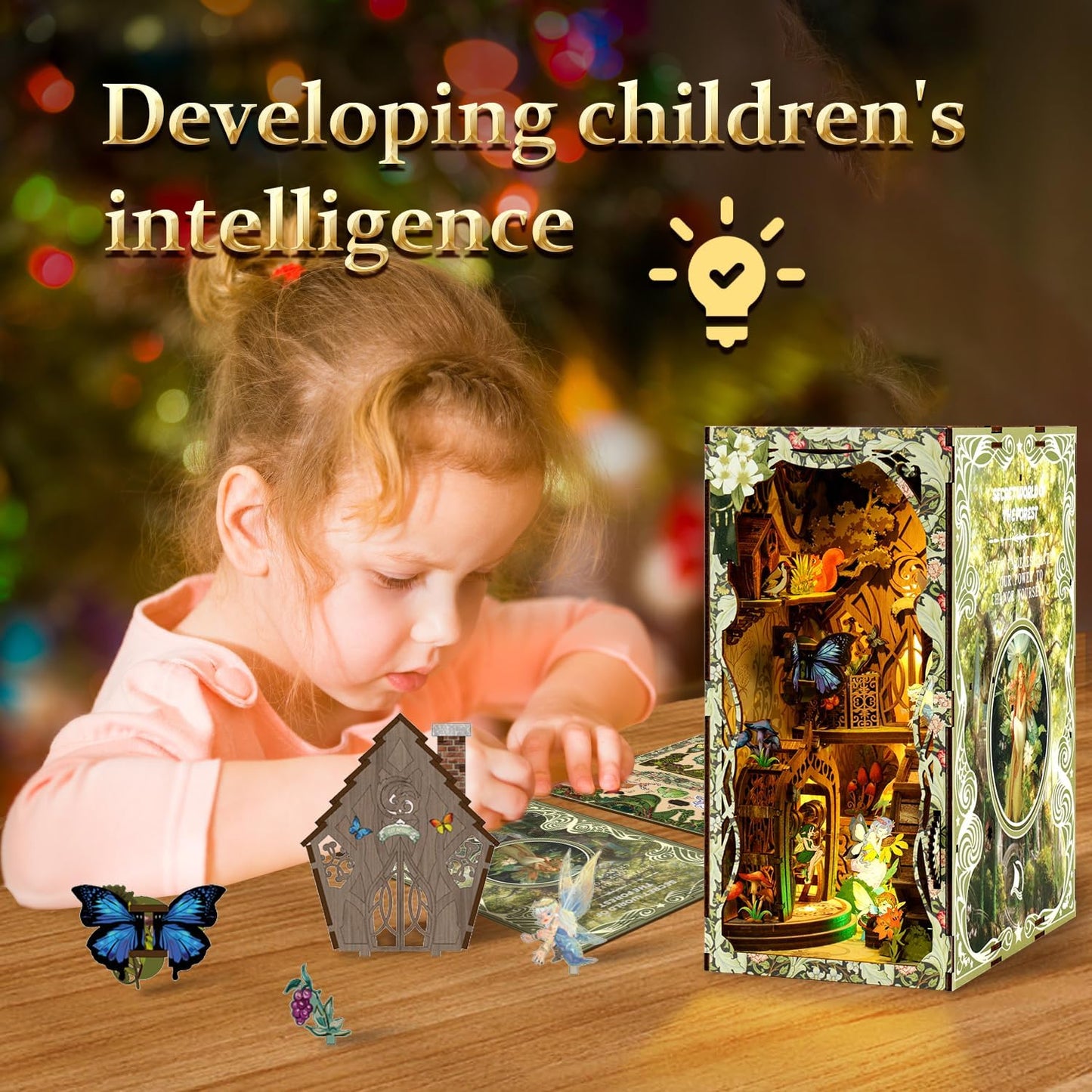 Book Nook Kit for Adult - THRIVINGIVAN Miniature Model Build Dollhouse Kit 3D Wooden Puzzle with Sensor Led Light for Bookshelf Bookend Insert Decor Adults Teen Crafts(Spirit)