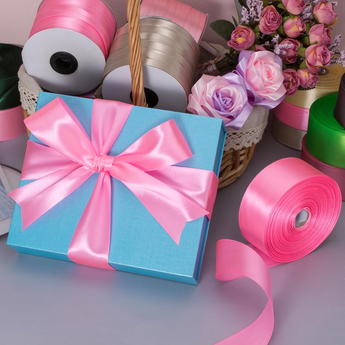 1 1/2 Inch Flamingo Pink Solid Satin Ribbon, 50 Yards Craft Fabric Ribbon for Gift Wrapping Floral Bouquets Wedding Party Decoration