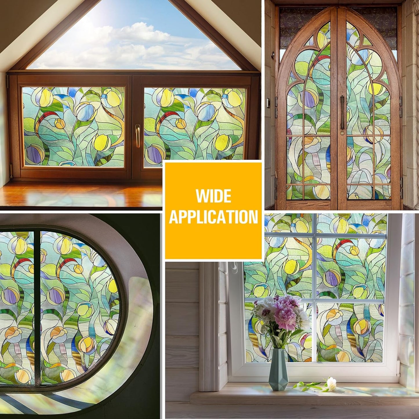 3D Stained Glass Window Film, Decorative Window Privacy Film for Bathroom,Front Door,Home, Sun Blocking Heat Control,Static Cling, Moonlight Tulip, 23.6inch x 35.4inch