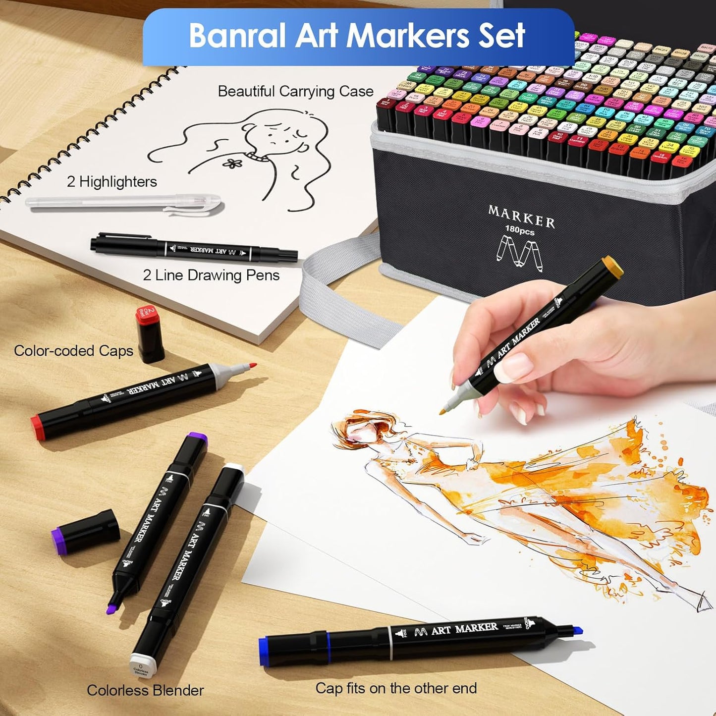 Banral 180 Colors Alcohol Markers Set, Dual Tip Alcohol Based Art Marker for Artists Kids Adult Coloring, Permanent Illustration Sketch Pens for Drawing with Case and Holders
