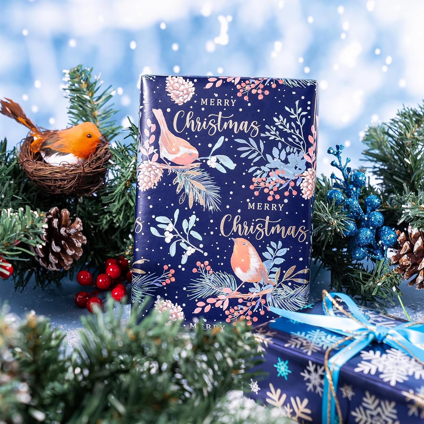 WRAPAHOLIC 30 Inch Christmas Wrapping Paper Roll - Jumbo Roll Drak Blue Bird, Christmas Garland and Snowflake Holiday Collection with Metallic Foil Shine - 4 Rolls - 30 Inch x 120 Inch Per Roll