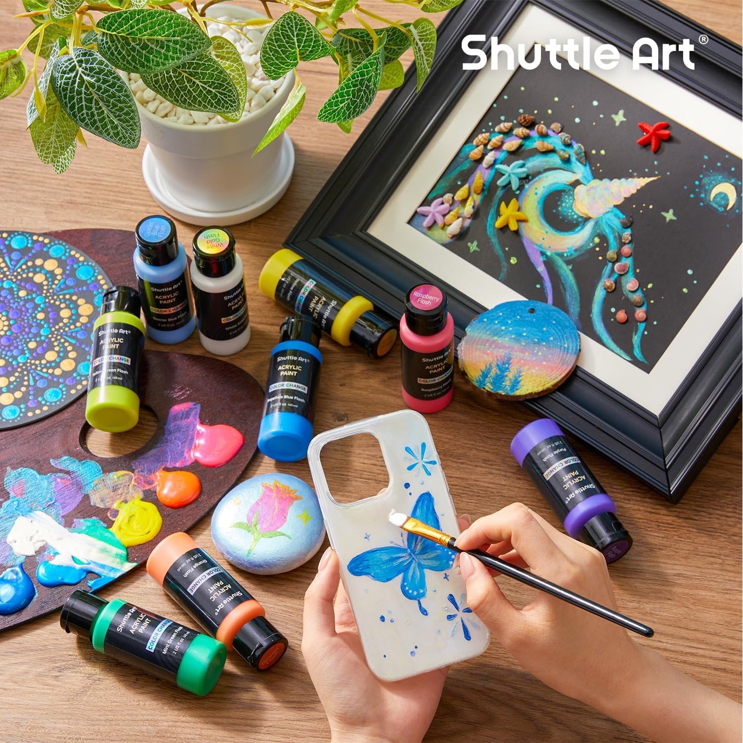 Shuttle Art Color Change Acrylic Paint Set, 16 Colors Chameleon Colors Acrylic Paint in Bottles (60ml/2oz), Non-Toxic for Artists, Beginners and Kids on Rocks, Crafts, Canvas, Wood, Fabric, Ceramic