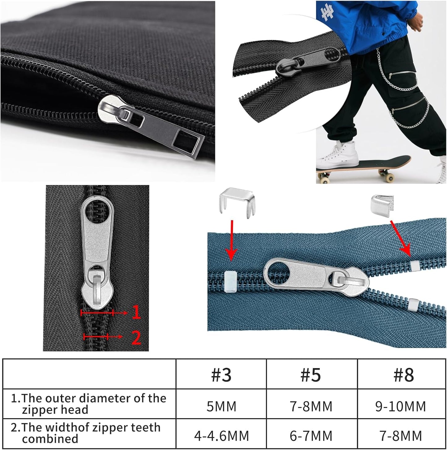 JEXZON Zipper Repair Kit (380 Pieces), #3#5#8 Zipper Slider Replacement for Clothing, Jackets, Boots, Purses, Backpacks