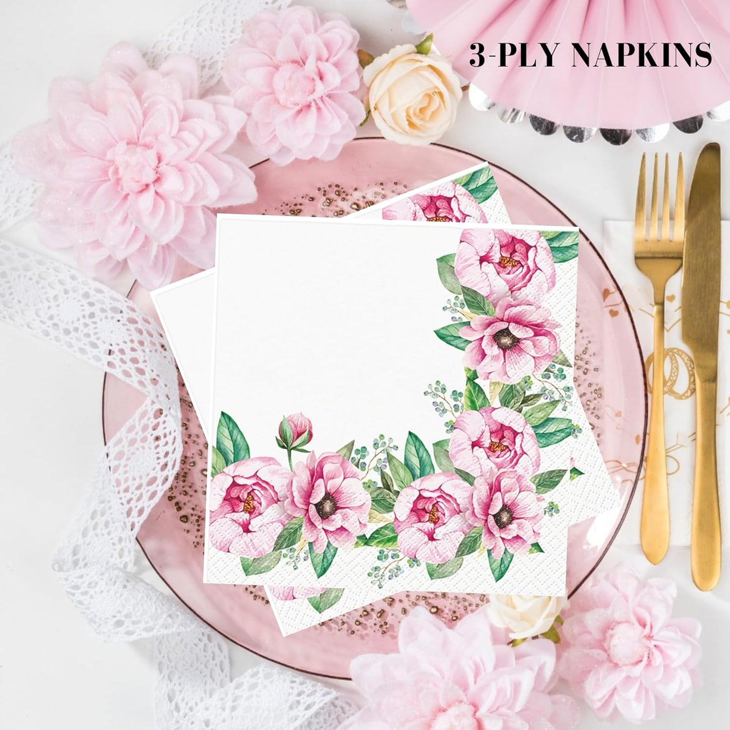 20-ct 13x13 Flowers Paper Luncheon Decoupage Napkins, 3-Ply Servilletas Printed Pink Roses Cocktail Napkin for Art, Dinner and Party, Disposable Napkins Decor