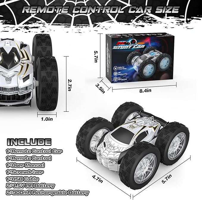 Remote Control Car for Kids, RC Stunt Cars Toys for Boys Ages 4-7 with Cool Double-Sided Pattern and LED Flash, 1:24 Vehicle Toy Car Hobby Racing Car Toys Gift for 3 4 5 6 7 8 9 Year Old Boys