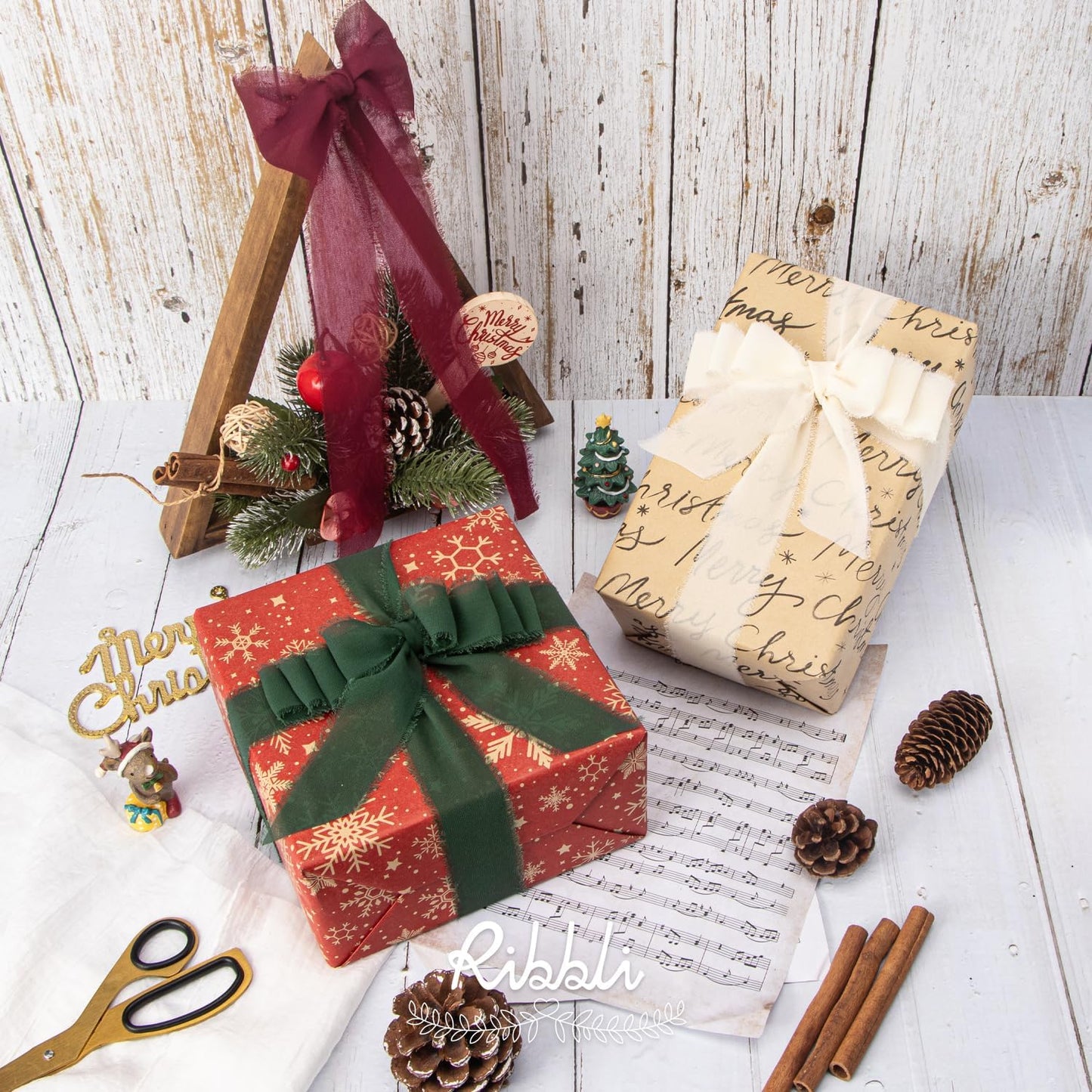 Ribbli Red Cream Green Christmas Ribbon 1.5 Inch x 3 Rolls Total 30 Yards Handmade Fringe Chiffon Silk Ribbon for Gift Wrapping DIY Crafts Home Decor