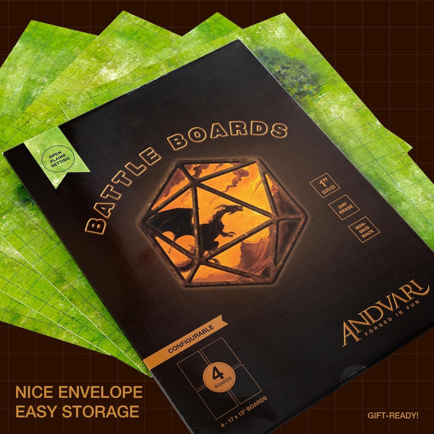 GSM Brands Battle Mat with Grid for Dungeons Role Playing Tabletop Dragons Game - 4 Pack Open Plains Setting Dry Erase Battle Boards, Non-Skid Back (17x13 Inches Each Makes 34x26 Board)