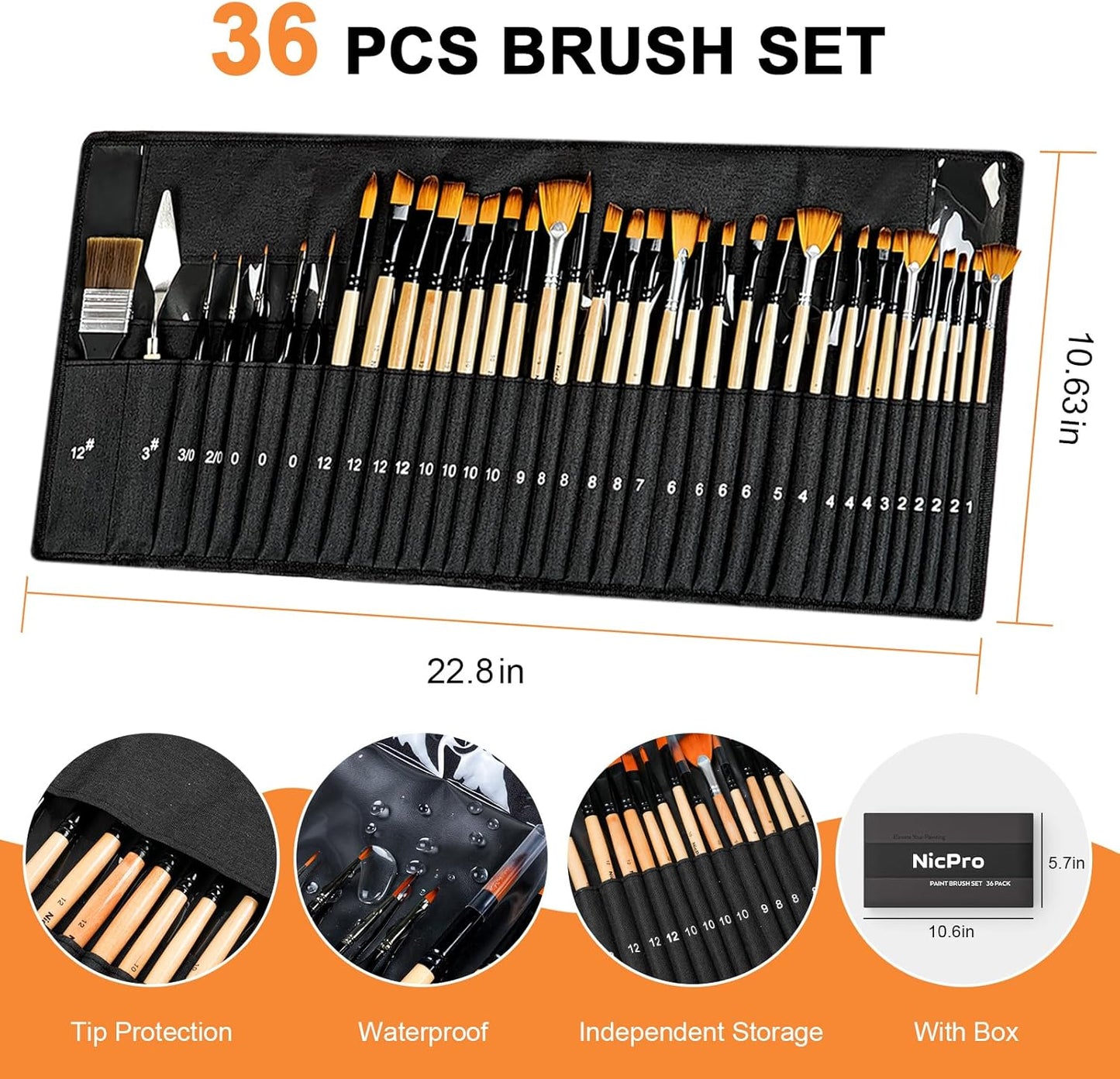 Nicpro 36pcs Paint Brush Set, Professional Paintbrushes with Palette Knife and Cloth Roll, Suitable for Acrylic Painting, Oil, Watercolor, Gouache, Art Supplies for Artists & Beginners (Wooden Color)