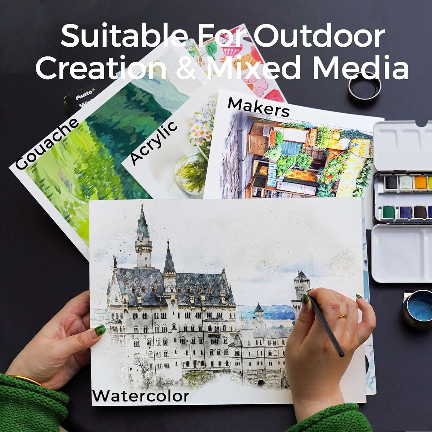 Funto Watercolor Pad, 12×9", 20 Sheets, 140lb/300gsm, 100% Cotton, Cold Press, Glue Bound, Double-Sided, Easy Tear Heavyweight Art Paper for Painting