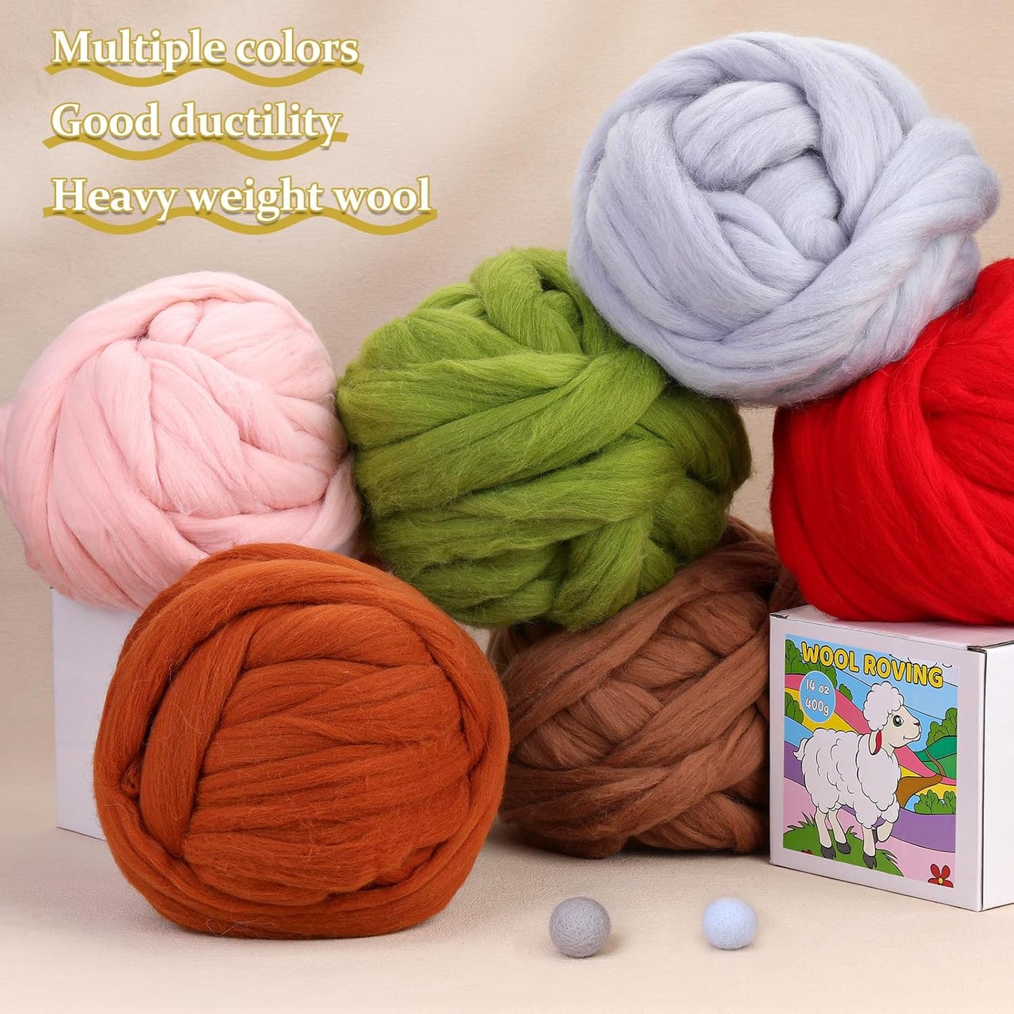 QMNNMA Wool Roving Bulk, 14.1oz Needle Felting Wool, Super Wool Chunky Yarn for Needle Felting, Hand Spinning, Felting, Blending, Weaving and DIY Craft (400g)