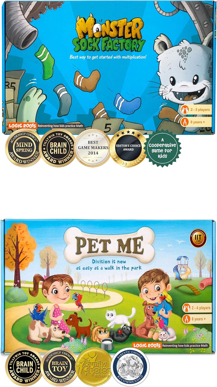 Multiplication and Division Games - Pack of 2, Pet Me and Monster Sock Factory, Math Board Games & STEM Toys for 5-9 Year Olds, Educational Gift for Kids, Homeschoolers, Grade 1 and Up