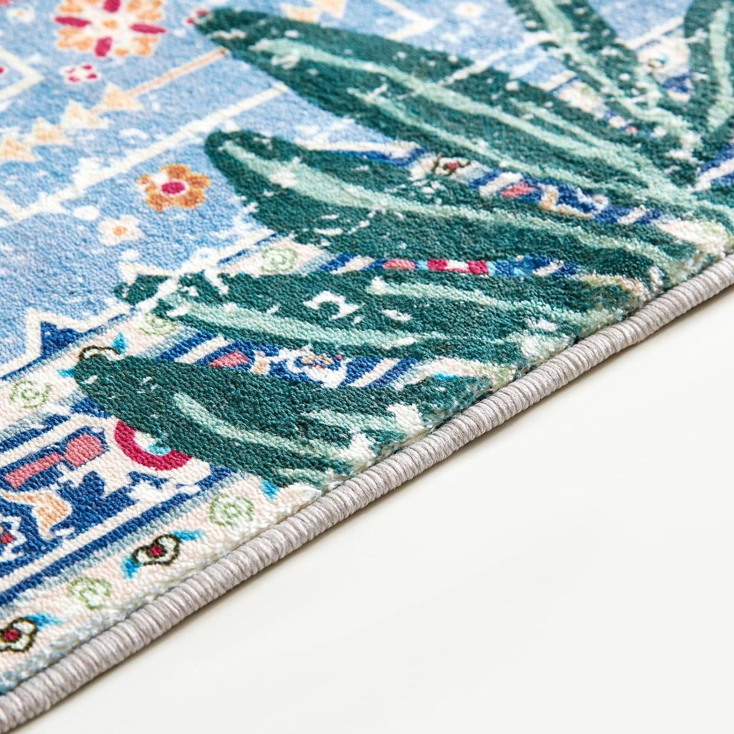 Washable Blue Rugs Thin Oriental Boho Vintage Tropical Jungle 9x12 Area Rugs for Bedroom Kitchen Dining Living Room Office Distressed Indoor Large Carpet