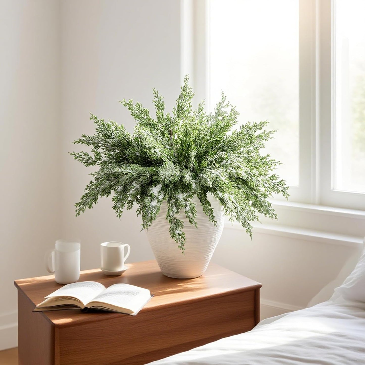 10 Packs 16.5" Artificial Christmas Snow Pine Branches, Snow Flocked Faux Greenery Norfolk Pine Sprigs Cypress Stems, White Frosted Fake Foliage Pine Needle Picks for DIY Craft Garland Home Decor