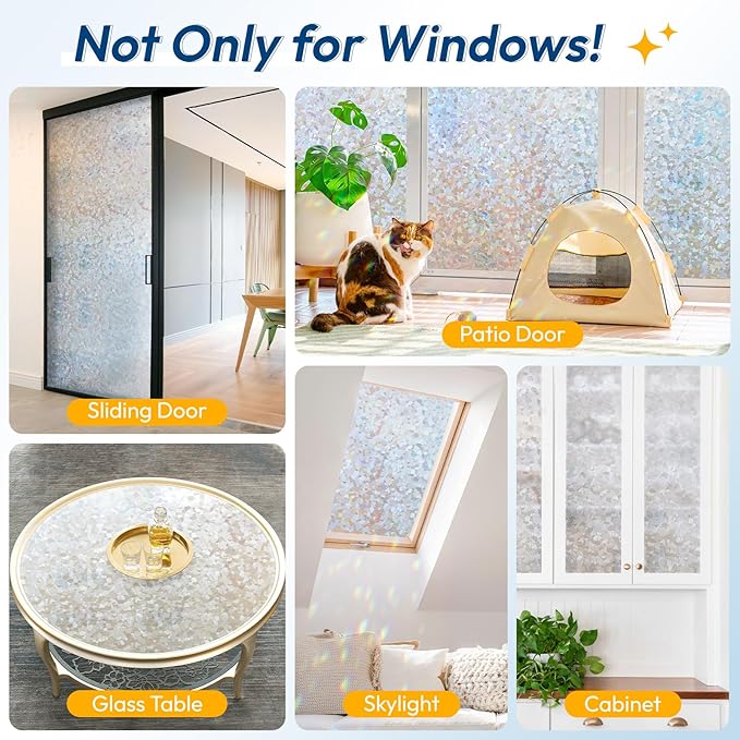 rabbitgoo Rainbow Window Privacy Film Decorative Stained Glass Diamond Pattern Window Sticker with Iridescent Tint Non-Adhesive Static Cling for Home Office Crystal Pattern, 17.5 x 118.1 inch